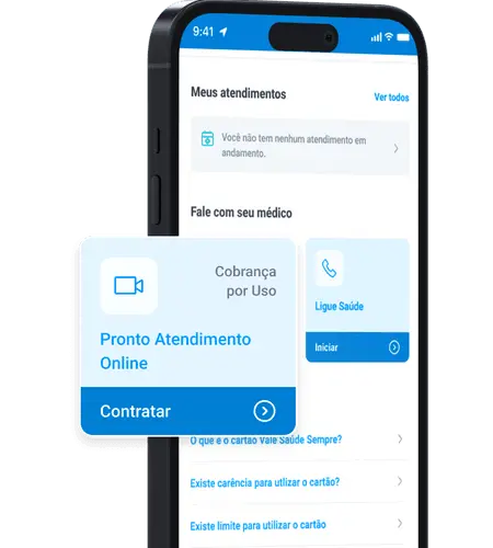 Celular mostrando o aplicativo do Vale Saúde